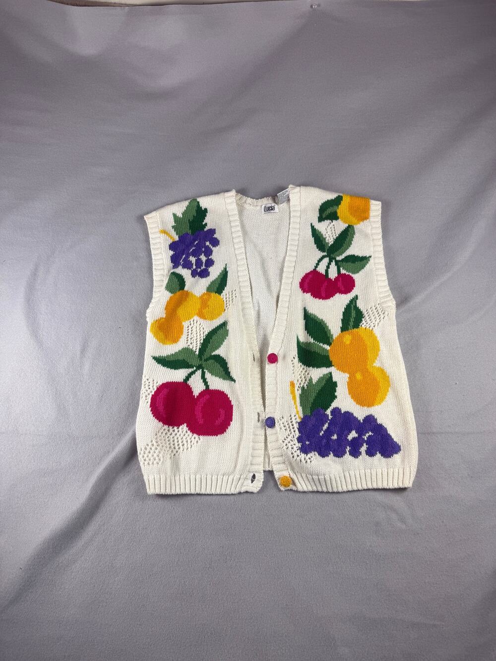 Vintage Lucia Sweater Vest Womens S White Fruit Print Knit Novelty Cottagecore